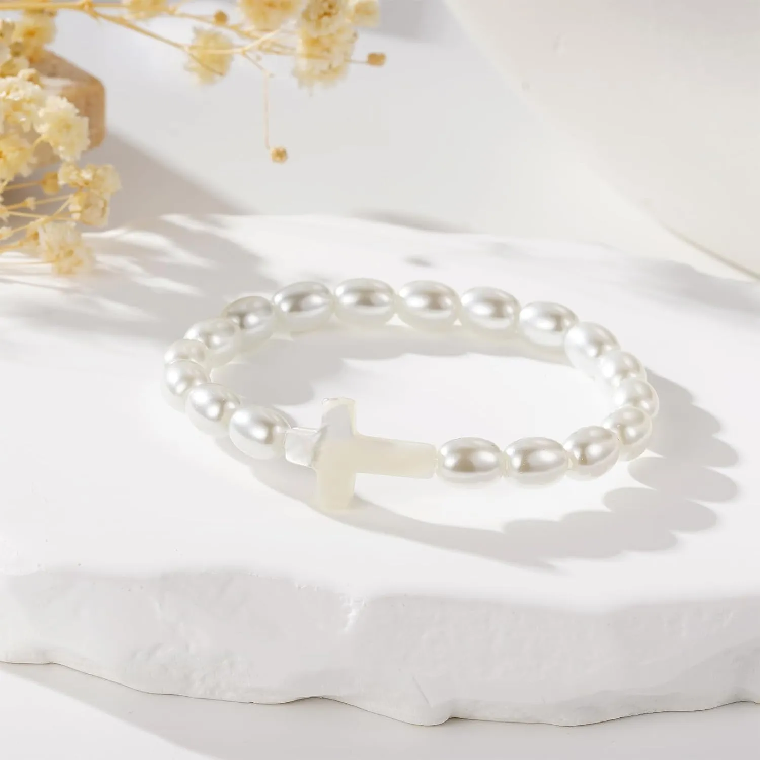 Confirmation Gifts for Women Pearl Cross Bead Stretch Bracelets Christian Baptism Holy 1st First Communion Jewelry