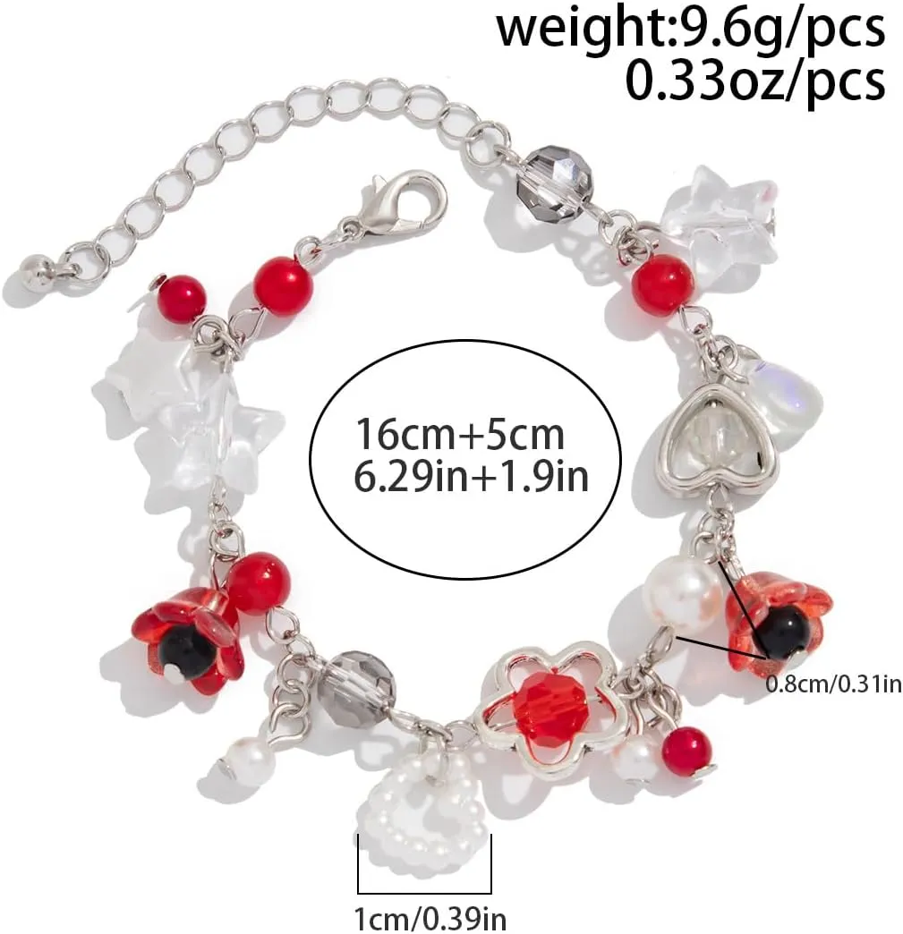 Cool Punk Y2K Star Beaded Bracelet for Women Handmade Pentagram Star Strawberry Flower Bracelet Aesthetic Grunge Punk Beads Bracelet for Couples Friends BFF Jewelry Gifts