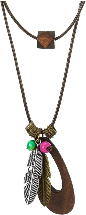 COOLSTEELANDBEYOND Layered Boho Necklace with Feather and Wood Pendants, Women Two Pendant Brown Leather Cord Necklace