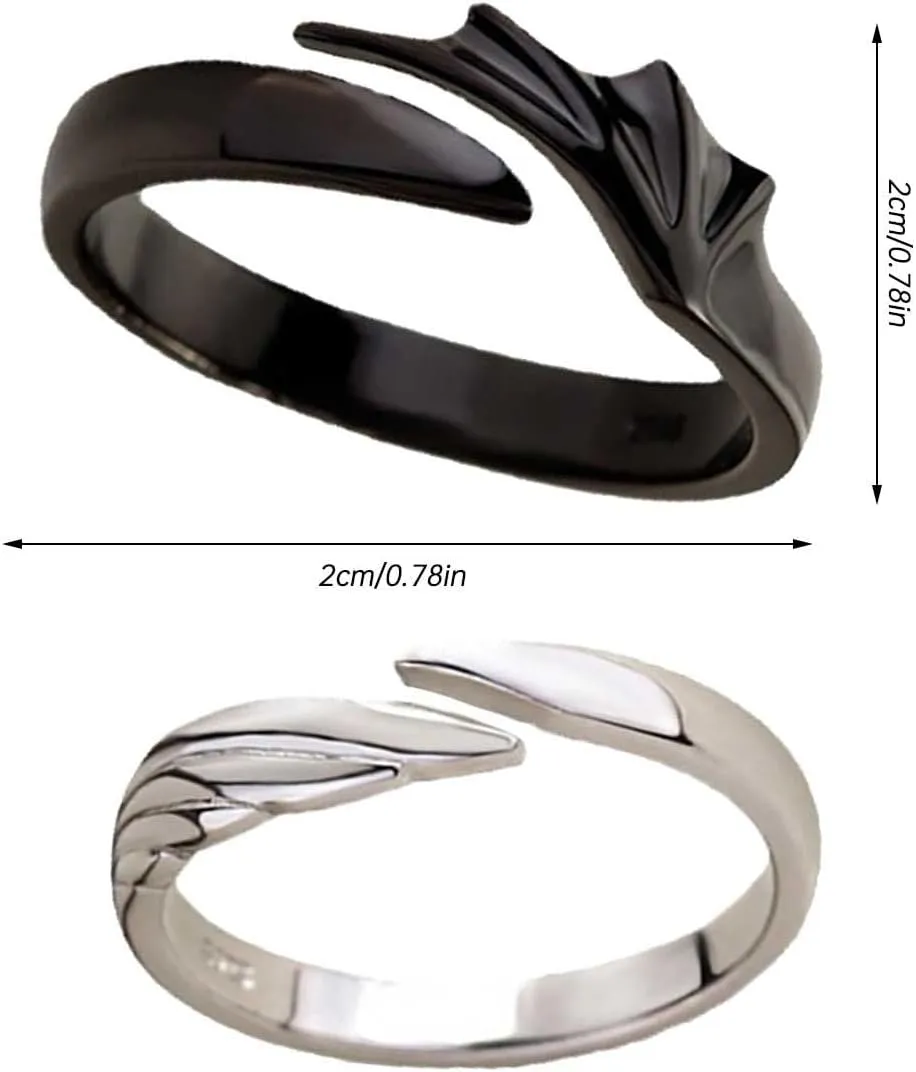 Couple Matching Rings for Woman Man Angel Devil Wings Open Rings Adjustable Promise Rings Set Friendship Rings Black Silver Couple Rings for Her and Him