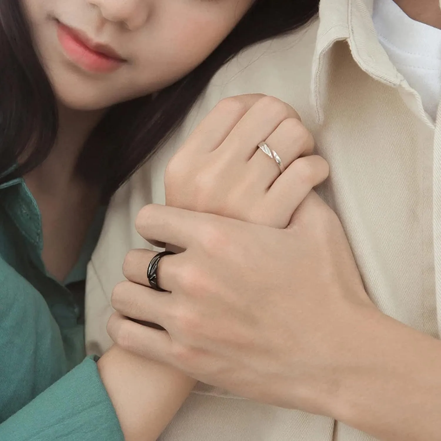 Couple Matching Rings for Woman Man Angel Devil Wings Open Rings Adjustable Promise Rings Set Friendship Rings Black Silver Couple Rings for Her and Him