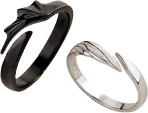 Couple Matching Rings for Woman Man Angel Devil Wings Open Rings Adjustable Promise Rings Set Friendship Rings Black Silver Couple Rings for Her and Him