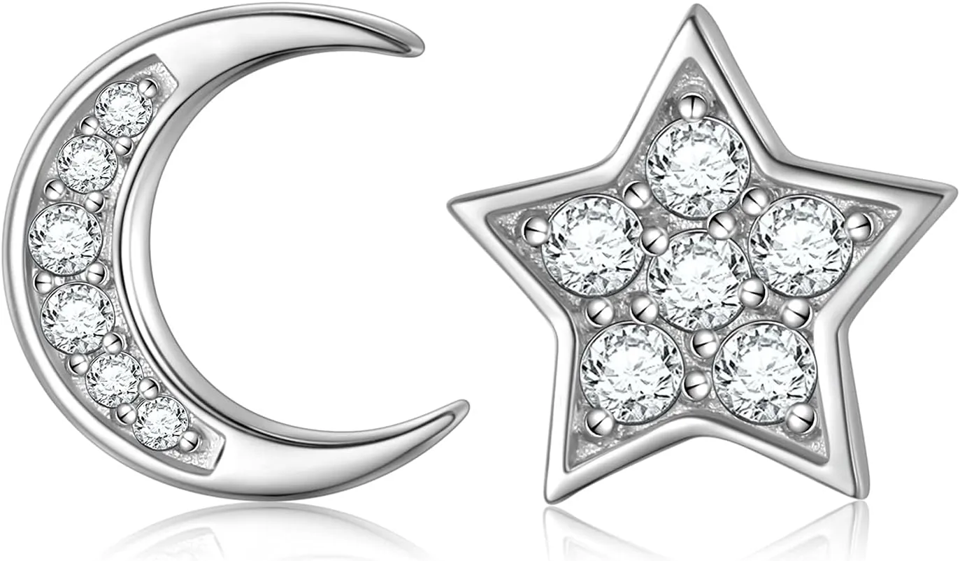 Crescent Moon Star Stud Earrings S925 Sterling Silver Earrings Ear Jewelry for Women
