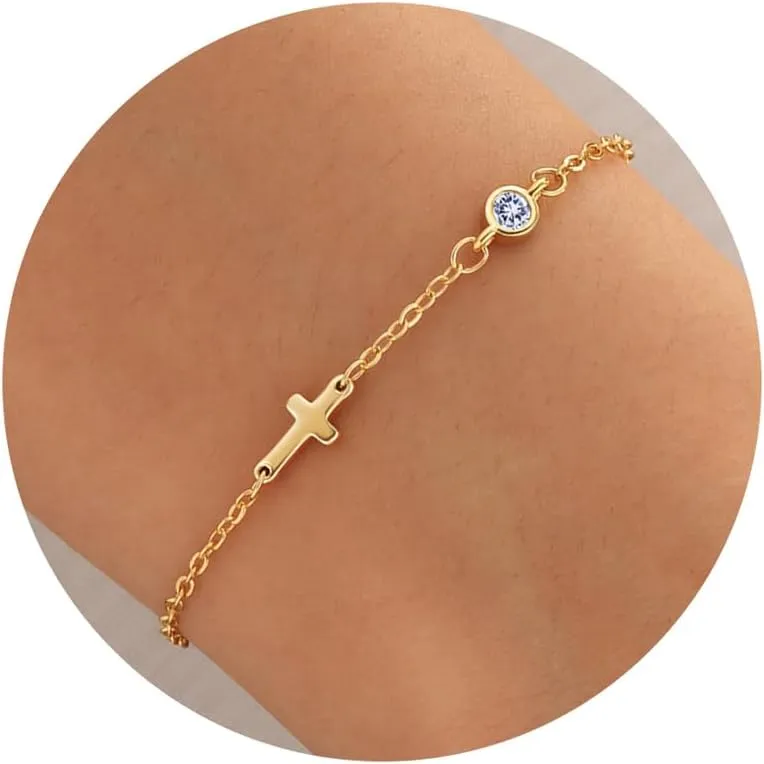 Cross Bracelet for Women with Birthstone Dainty 14k Gold Plated Bracelets for Women Non Tarnish with Cross Birthstone Bracelets for Teen Girl Gifts Trendy Stuff Religious Christian Birthday Gifts Jewelry