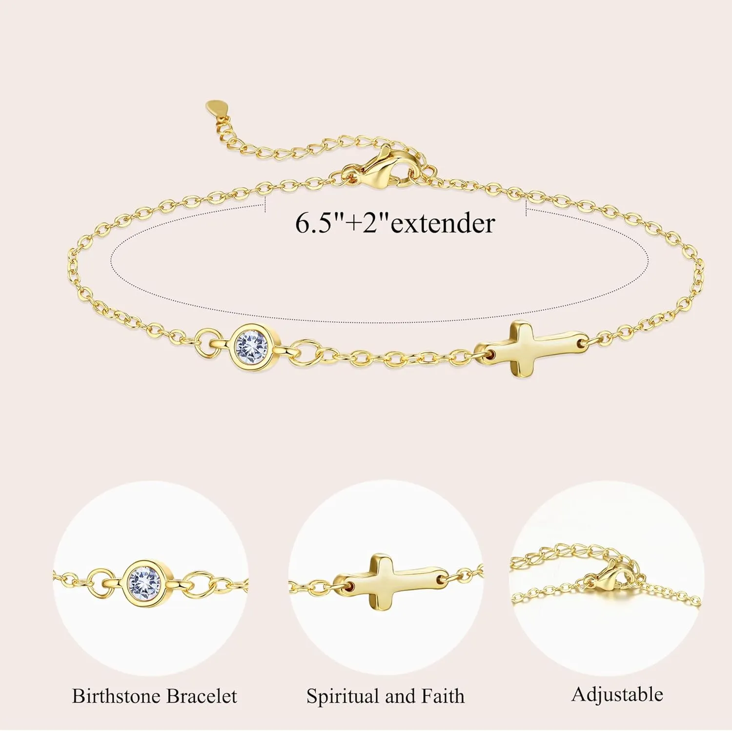 Cross Bracelet for Women with Birthstone Dainty 14k Gold Plated Bracelets for Women Non Tarnish with Cross Birthstone Bracelets for Teen Girl Gifts Trendy Stuff Religious Christian Birthday Gifts Jewelry