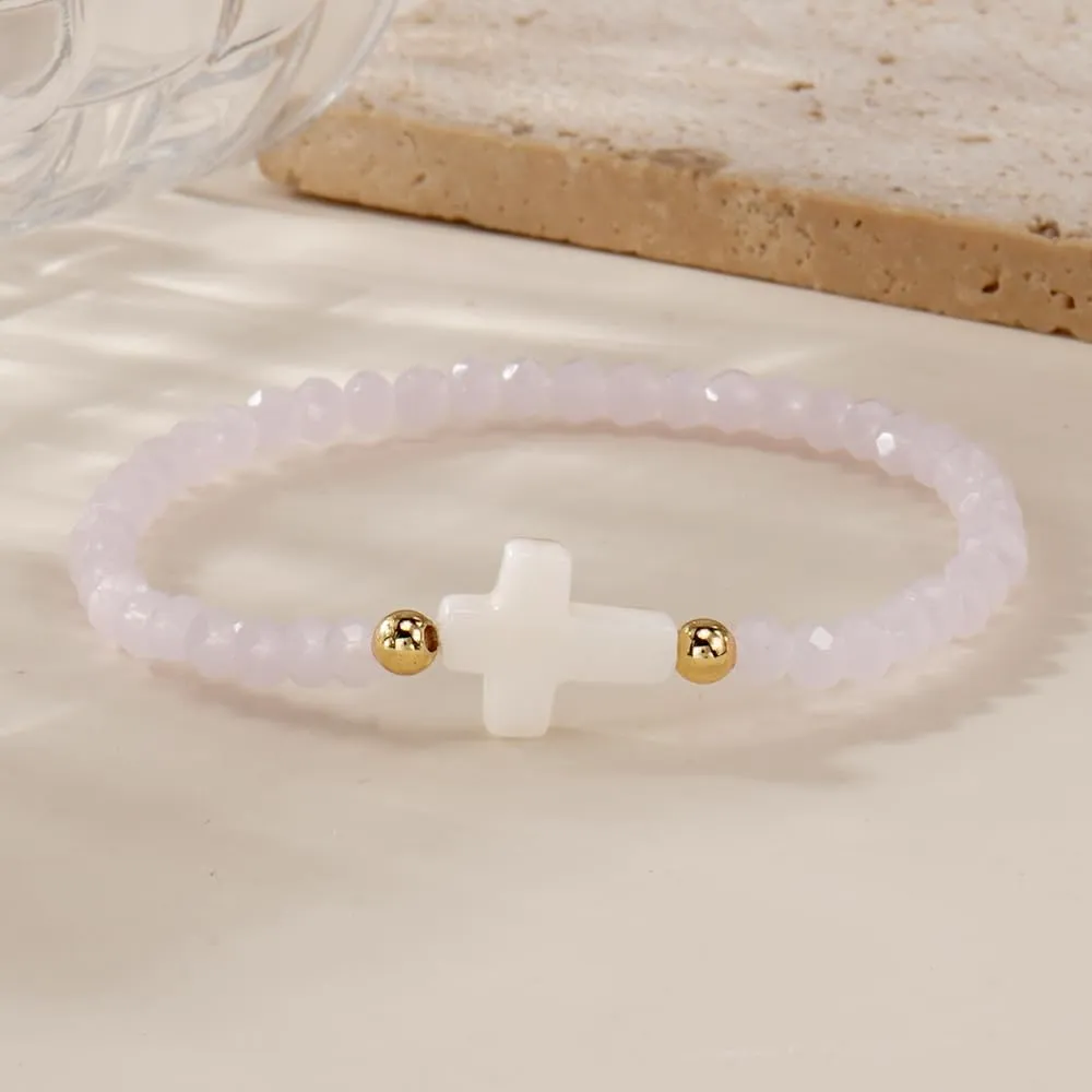 Cross Natural Gemstone Crystal Beaded Stretch Bracelet for Women,Handmade Boho Colorful Glass Beads Fashion Jewelry Gift
