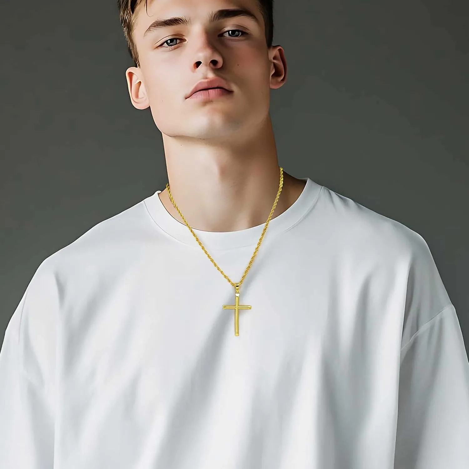 Cross Necklace for Men 14K Gold Cross Necklaces Chain for Men Paired with 3.5MM Twist Chain Power of Minimalism Mens Crosses Necklace Pendant 20/22/24in