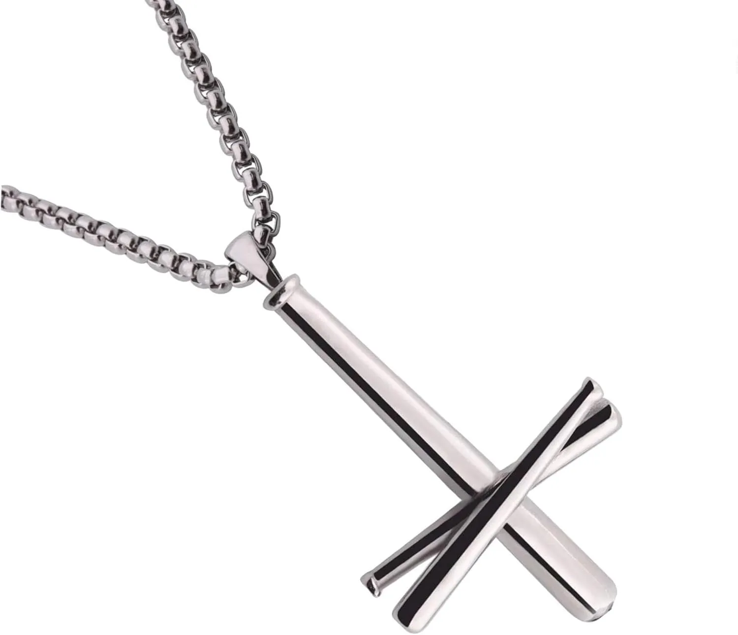 Cross Necklace for Men Women - Stainless Steel Upside Down Cross Pendant Baseball Bats Design with Chain 20 Inches