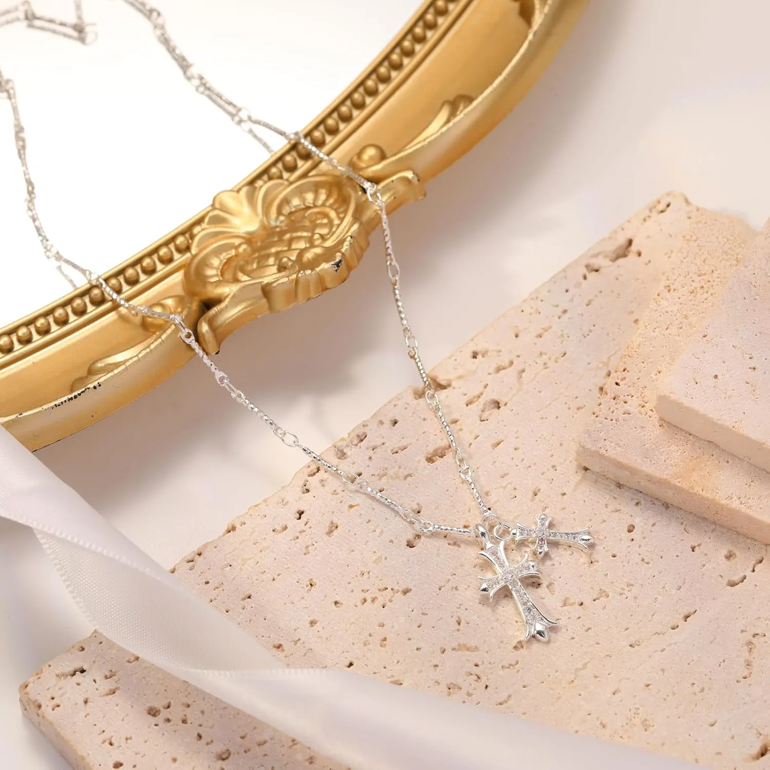 Cross Necklace for Women 14K Gold/Silver Plated Double Cross Pendant Necklace Dainty Trendy Diamond Cross Charm Link Chain Choker Delicate Faith Jewelry Religious Gifts for Men