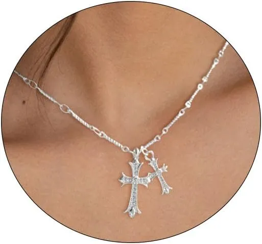 Cross Necklace for Women 14K Gold/Silver Plated Double Cross Pendant Necklace Dainty Trendy Diamond Cross Charm Link Chain Choker Delicate Faith Jewelry Religious Gifts for Men