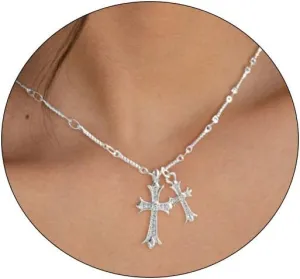 Cross Necklace for Women 14K Gold/Silver Plated Double Cross Pendant Necklace Dainty Trendy Diamond Cross Charm Link Chain Choker Delicate Faith Jewelry Religious Gifts for Men