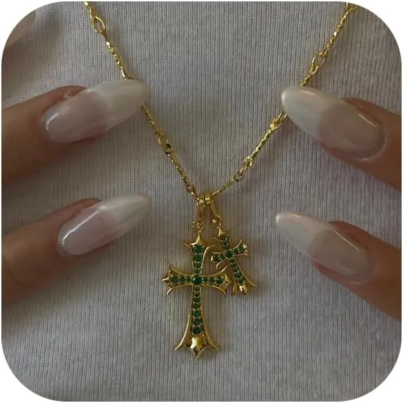 Cross Necklace for Women 14K Gold/Silver Plated Double Cross Pendant Necklace Dainty Trendy Diamond Cross Charm Link Chain Choker Delicate Faith Jewelry Religious Gifts for Men