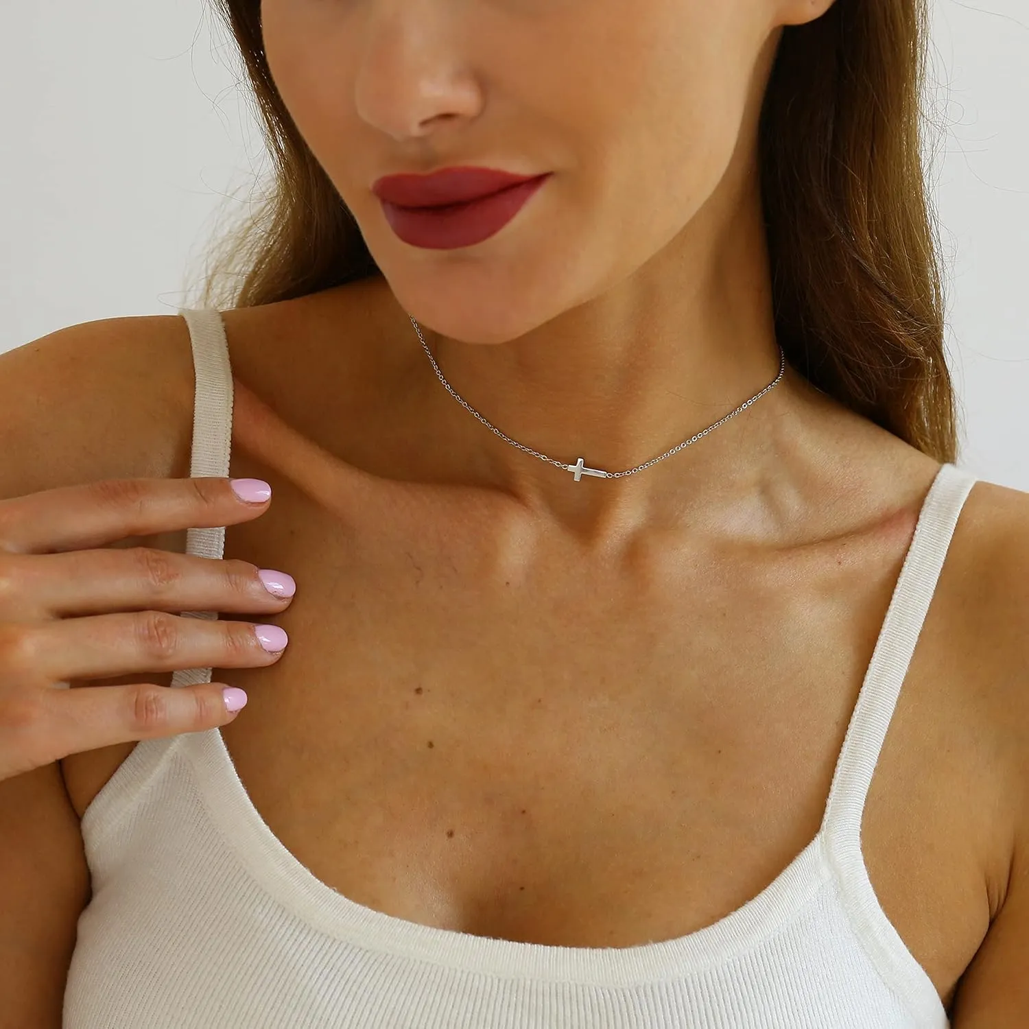 Cross Necklace for Women Gold CZ Diamond Sideways Cross Pendant Necklace Dainty Cute Tiny Cross Choker Necklace Simple Trendy Jewelry