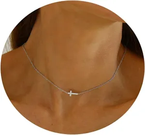 Cross Necklace for Women Gold CZ Diamond Sideways Cross Pendant Necklace Dainty Cute Tiny Cross Choker Necklace Simple Trendy Jewelry