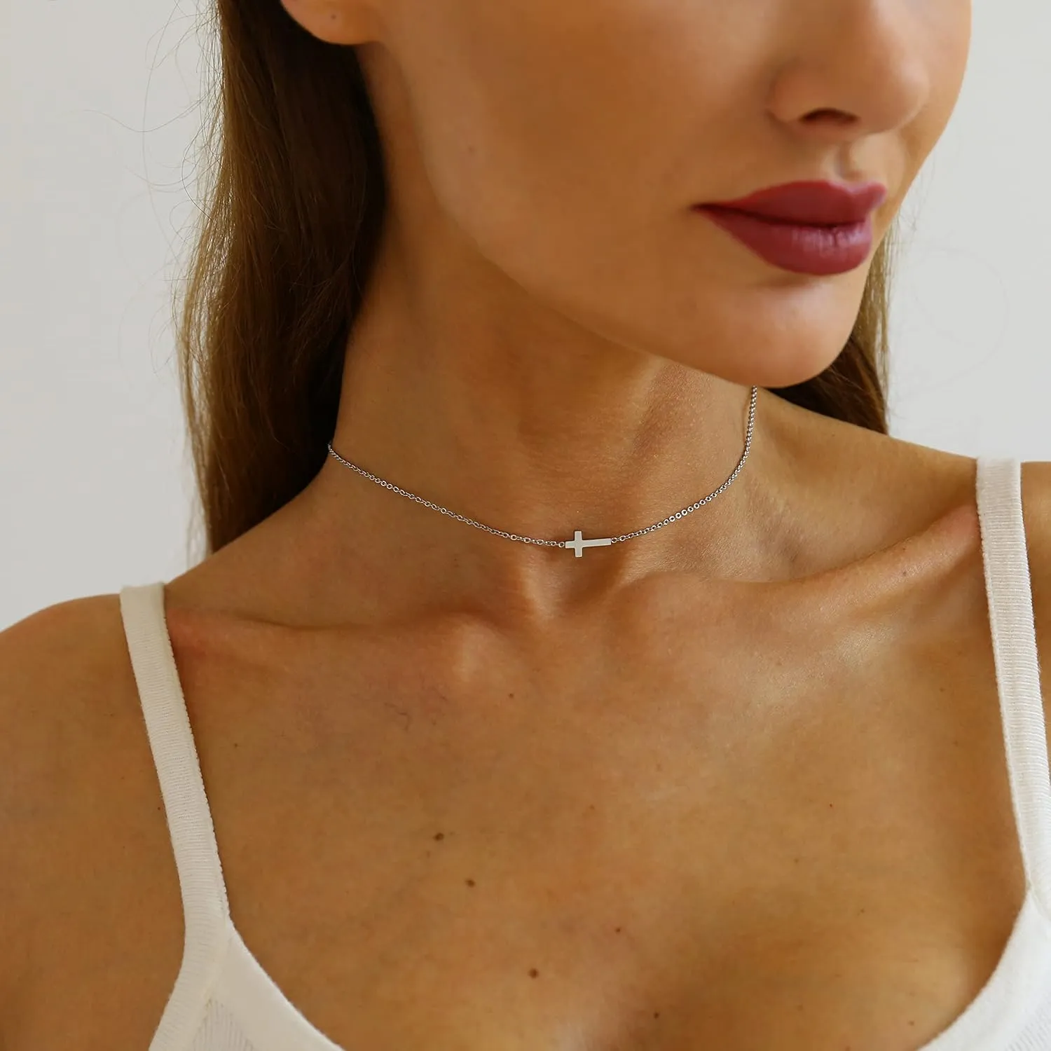 Cross Necklace for Women Gold CZ Diamond Sideways Cross Pendant Necklace Dainty Cute Tiny Cross Choker Necklace Simple Trendy Jewelry