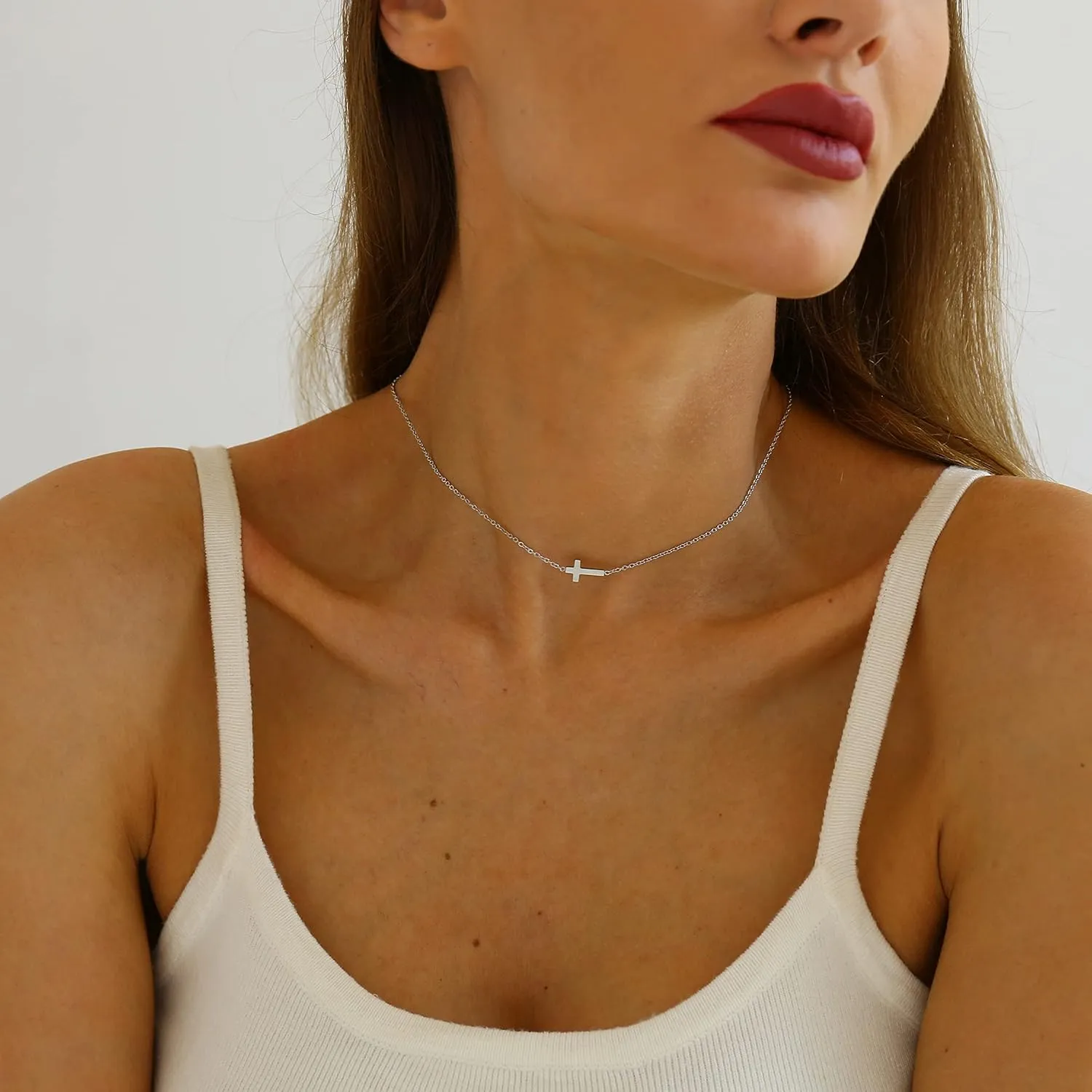 Cross Necklace for Women Gold CZ Diamond Sideways Cross Pendant Necklace Dainty Cute Tiny Cross Choker Necklace Simple Trendy Jewelry