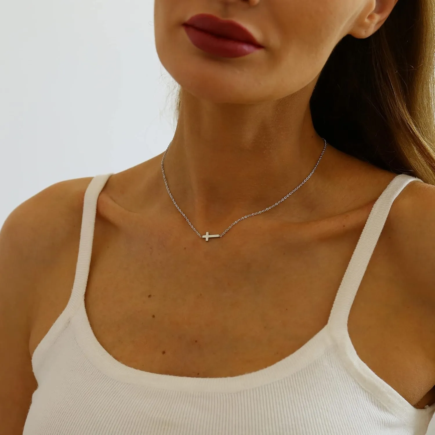 Cross Necklace for Women Gold CZ Diamond Sideways Cross Pendant Necklace Dainty Cute Tiny Cross Choker Necklace Simple Trendy Jewelry