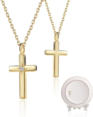 Cross Necklace with A-Z Initial Pendant for Women- 24K Gold Plated with Cubic Zirconia, with Ceramic Jewelry Tray - Christian Gift for Mom, Wife, Daughter