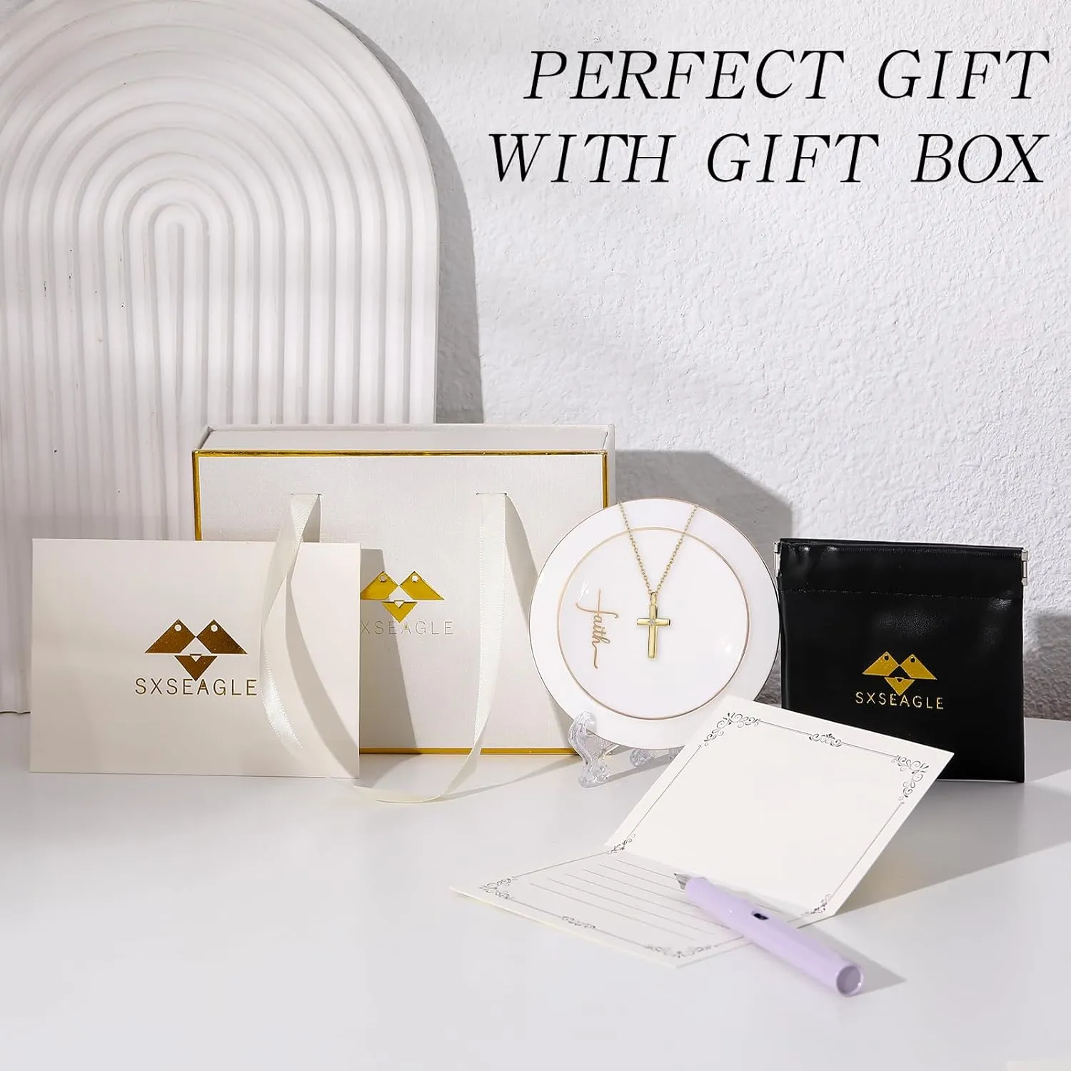 Cross Necklace with A-Z Initial Pendant for Women- 24K Gold Plated with Cubic Zirconia, with Ceramic Jewelry Tray - Christian Gift for Mom, Wife, Daughter
