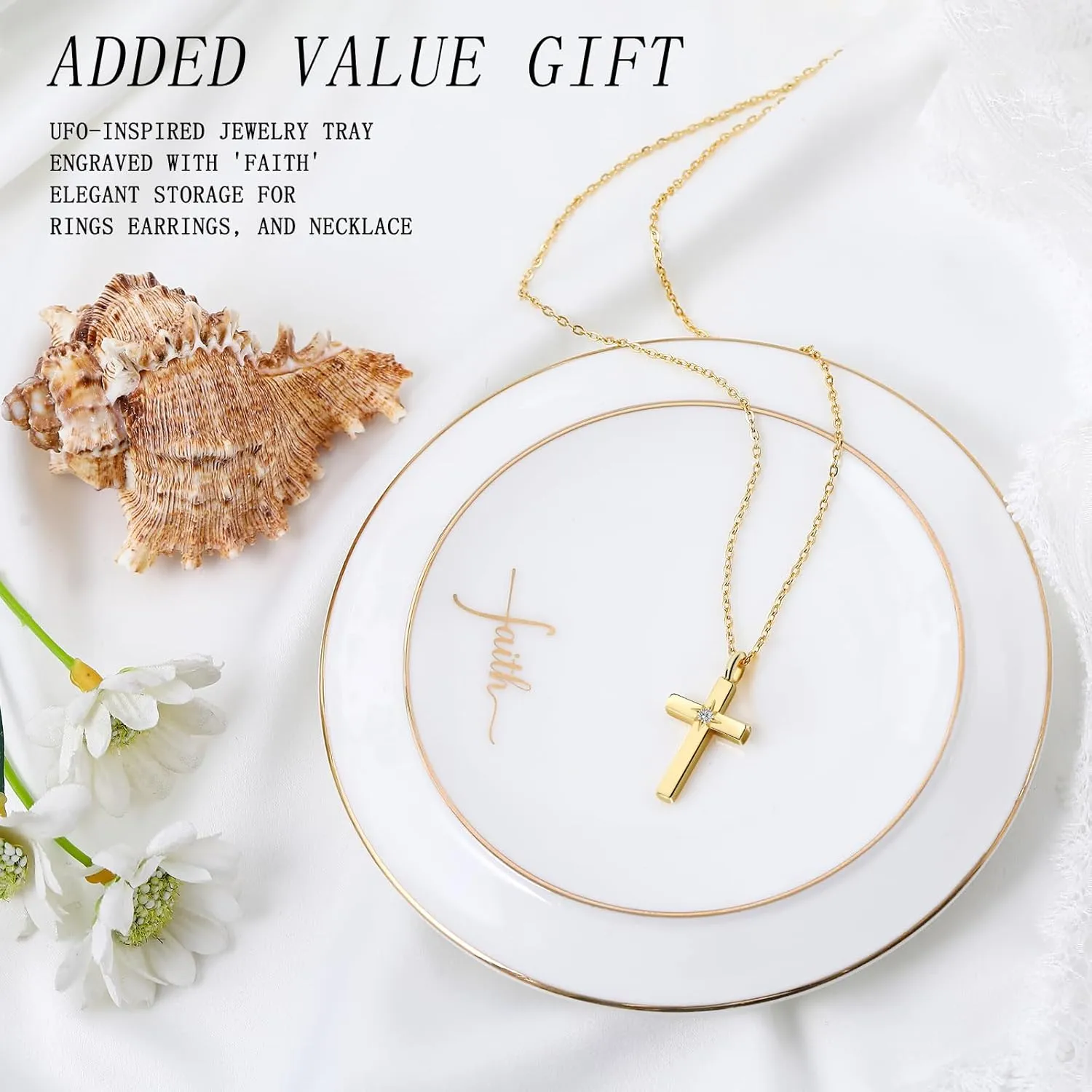 Cross Necklace with A-Z Initial Pendant for Women- 24K Gold Plated with Cubic Zirconia, with Ceramic Jewelry Tray - Christian Gift for Mom, Wife, Daughter