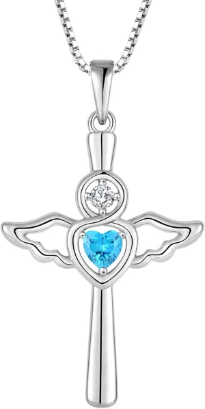 Cross Necklaces for Women, 925 Sterling Silver Angel Wing Heart Birthstone Pendants Christian Crucifix Baptism Jewelry