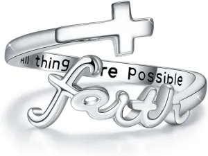 Cross Ring, Faith Ring Sterling Silver Adjustable Cross Wrap Ring Christian Fashion Band Ring for Women Girlfriend Gift