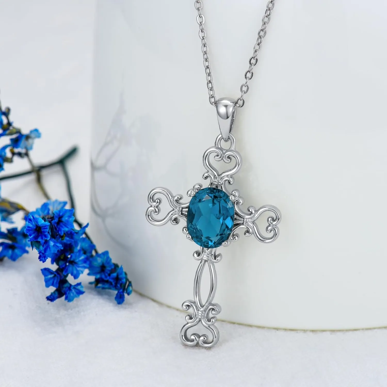 Cross with Gemstone Necklace 925 Sterling Silver 7mm * 9mm Oval Cut Birthstone Pendant Necklace for Women