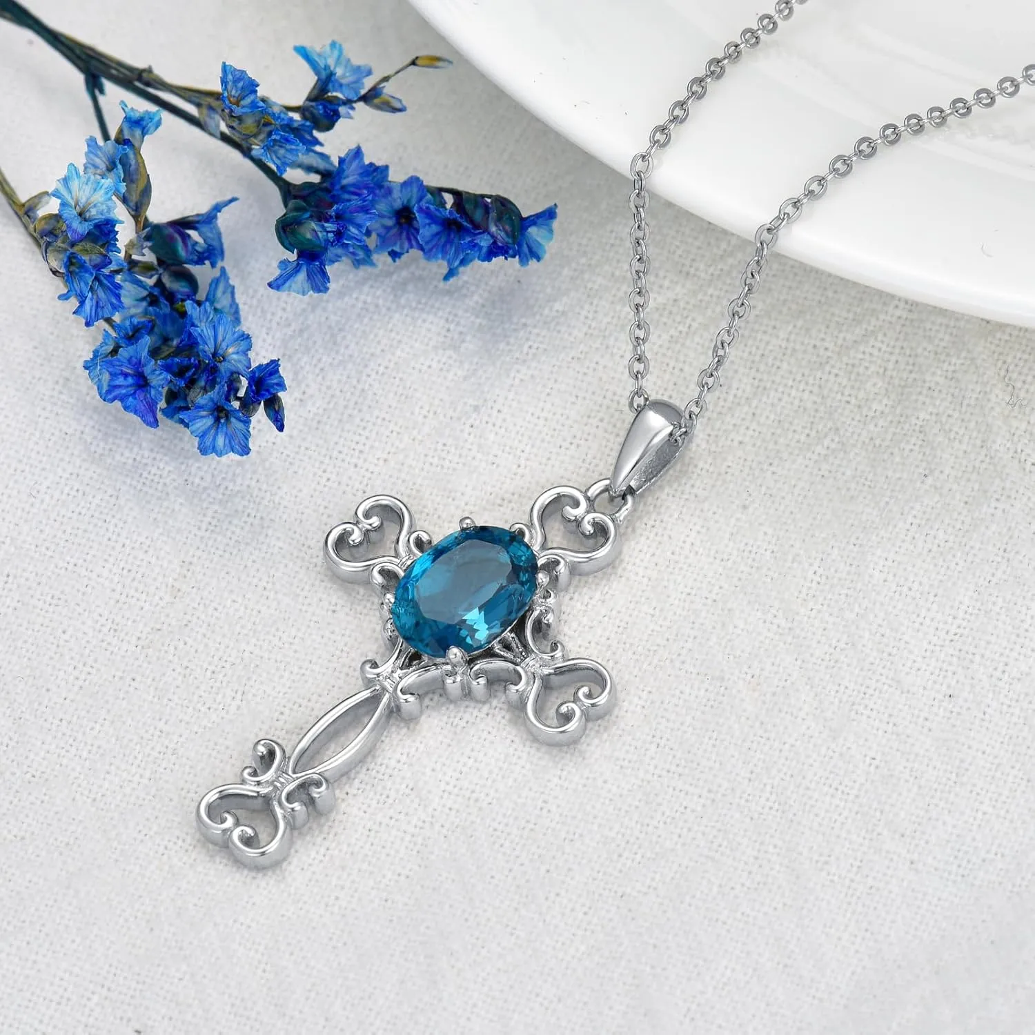 Cross with Gemstone Necklace 925 Sterling Silver 7mm * 9mm Oval Cut Birthstone Pendant Necklace for Women