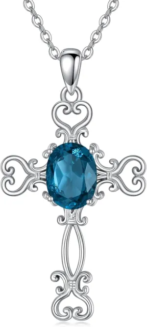 Cross with Gemstone Necklace 925 Sterling Silver 7mm * 9mm Oval Cut Birthstone Pendant Necklace for Women