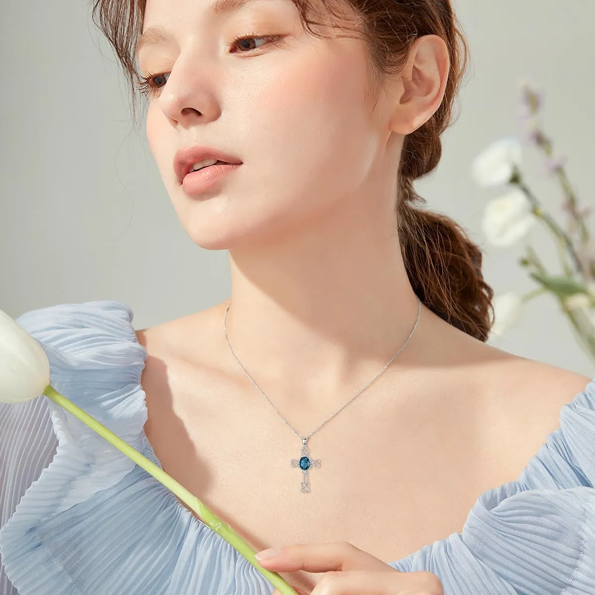 Cross with Gemstone Necklace 925 Sterling Silver 7mm * 9mm Oval Cut Birthstone Pendant Necklace for Women