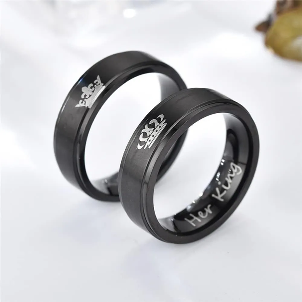 Crown Her King His Queen Ring Set for Him and Her Matte Silver Black Stainless Steel Matching Couple Rings for Lovers Wedding Bands Engagement Promise Rings
