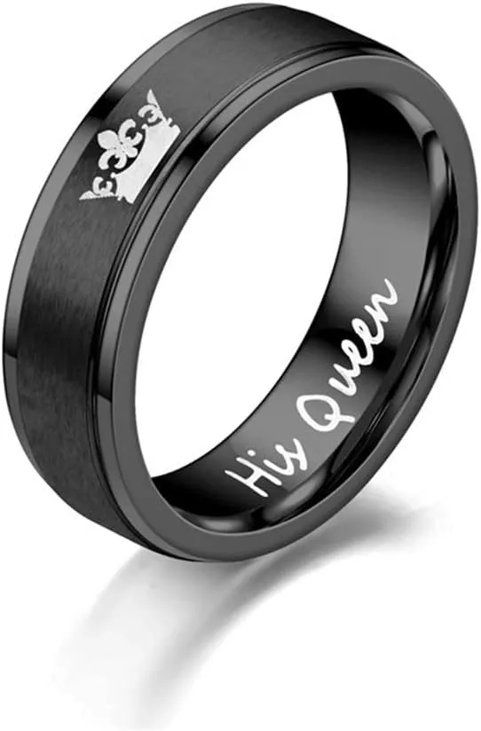 Crown Her King His Queen Ring Set for Him and Her Matte Silver Black Stainless Steel Matching Couple Rings for Lovers Wedding Bands Engagement Promise Rings