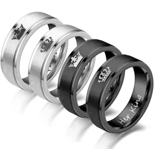 Crown Her King His Queen Ring Set for Him and Her Matte Silver Black Stainless Steel Matching Couple Rings for Lovers Wedding Bands Engagement Promise Rings