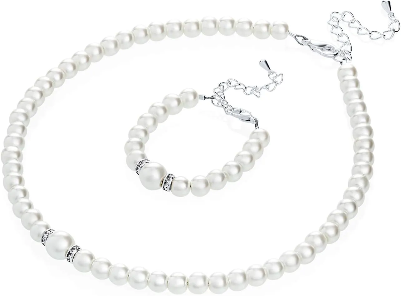 Crystal Dream Elegant White Simulated Pearl Necklace and Bracelet Stylish Gift Set Women & Children (GS-P-W-All)