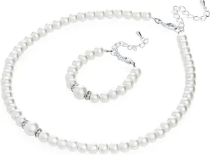Crystal Dream Elegant White Simulated Pearl Necklace and Bracelet Stylish Gift Set Women & Children (GS-P-W-All)