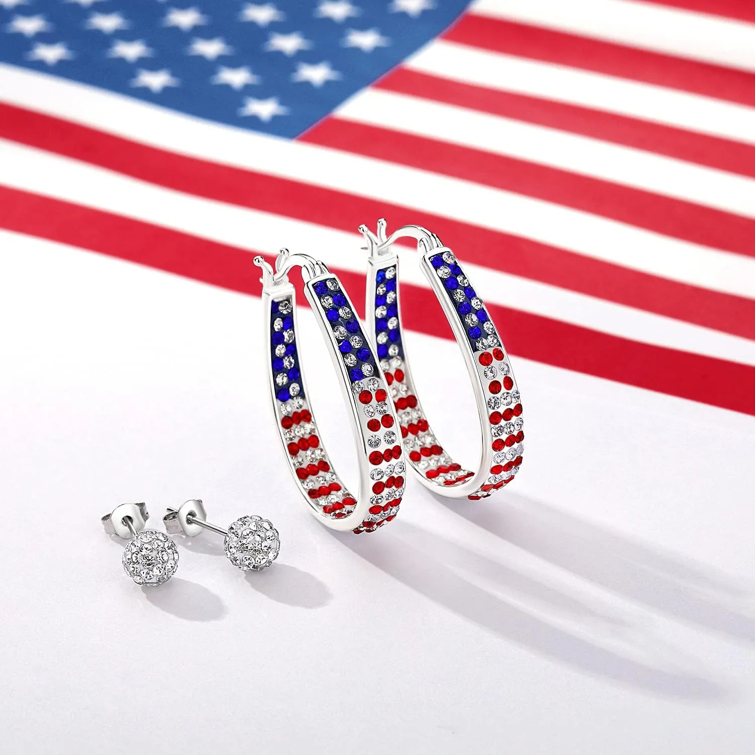 Crystal Hoop Earrings for Women Sparkly American Flag Earrings Silver Plated Red White and Blue Earrings Patriotic Jewelry Gift