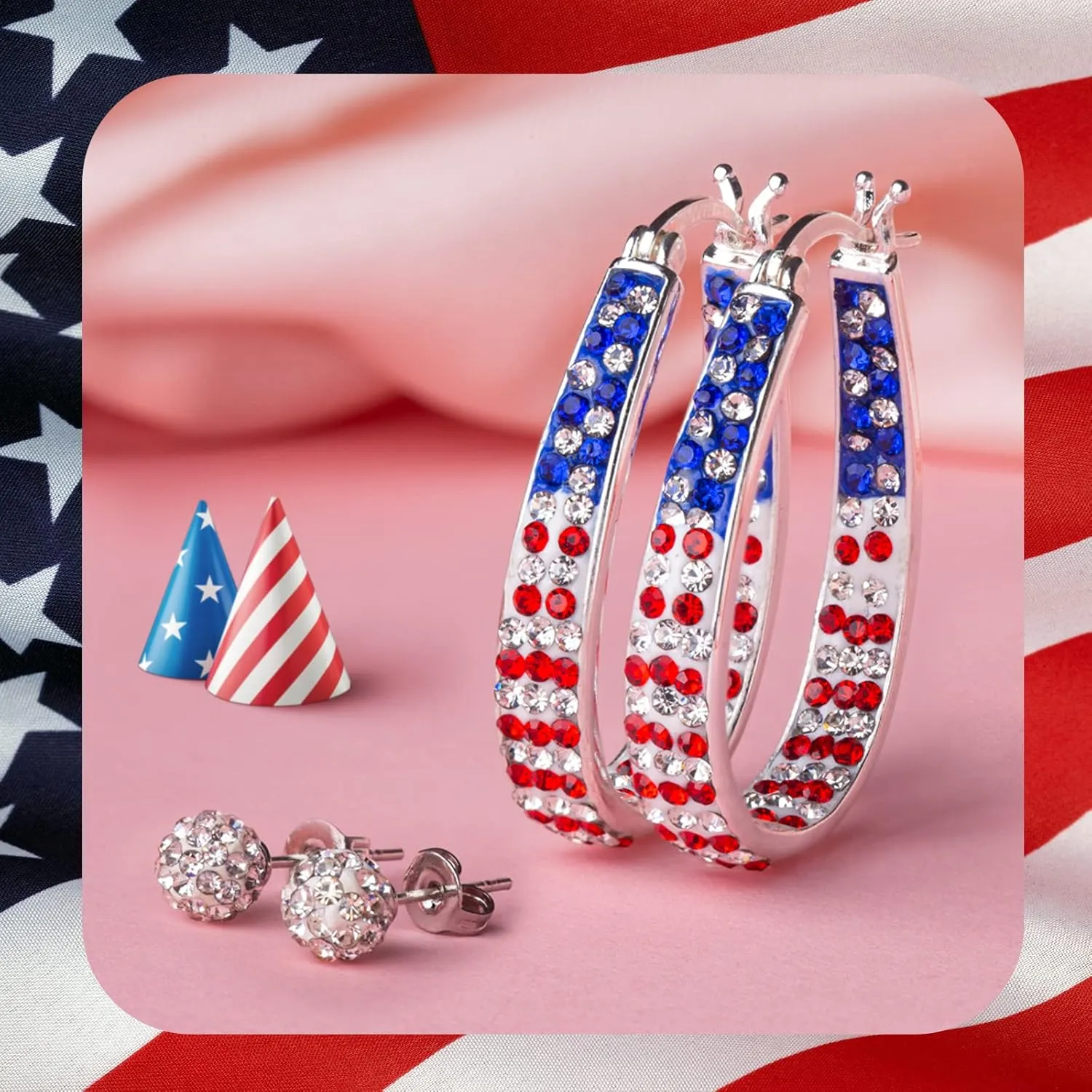 Crystal Hoop Earrings for Women Sparkly American Flag Earrings Silver Plated Red White and Blue Earrings Patriotic Jewelry Gift