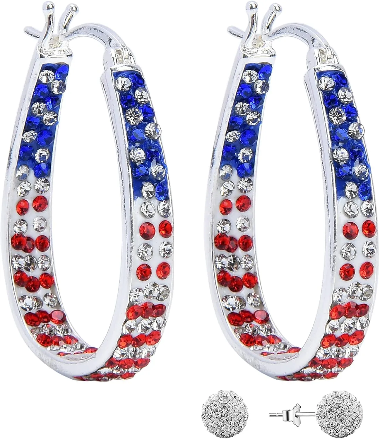 Crystal Hoop Earrings for Women Sparkly American Flag Earrings Silver Plated Red White and Blue Earrings Patriotic Jewelry Gift