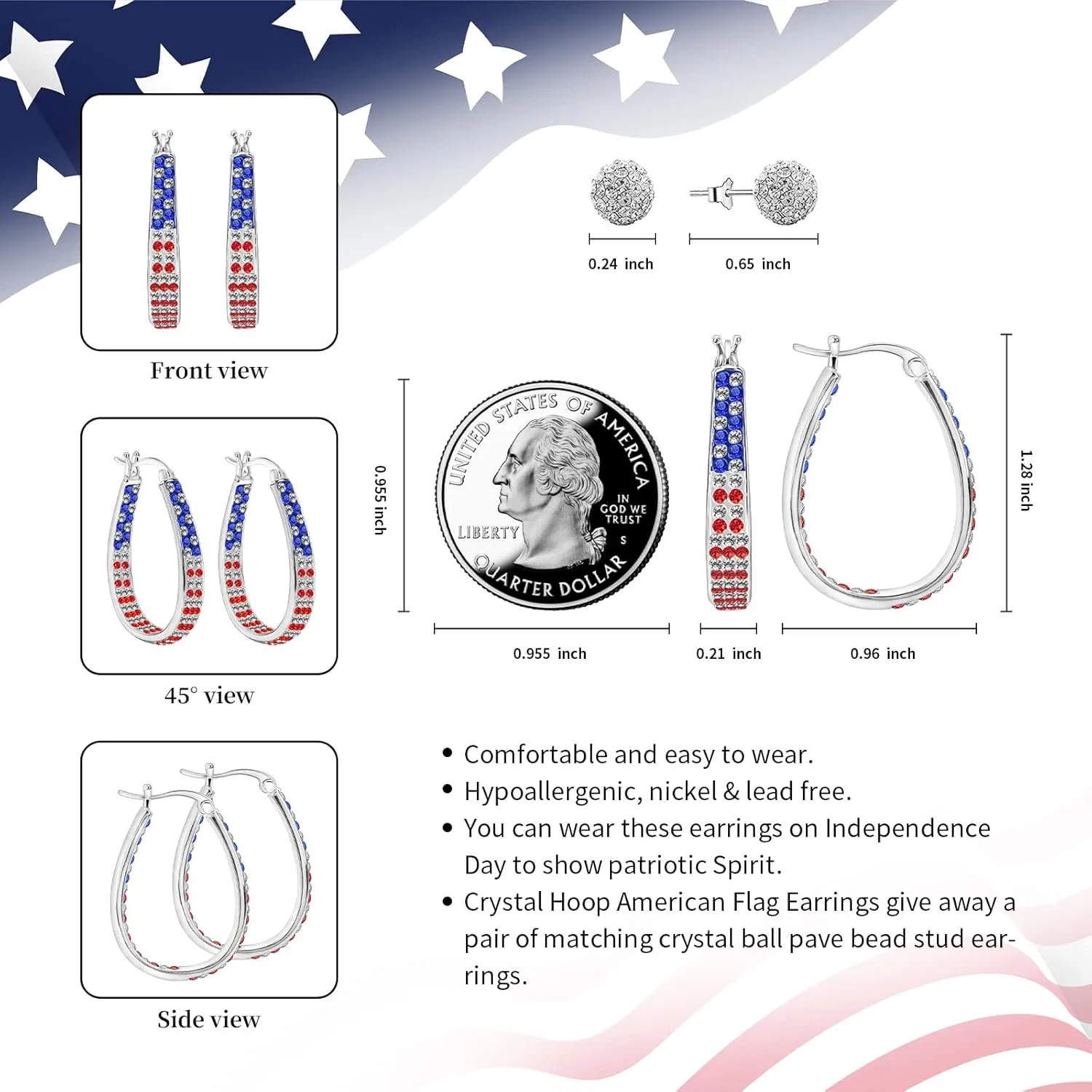 Crystal Hoop Earrings for Women Sparkly American Flag Earrings Silver Plated Red White and Blue Earrings Patriotic Jewelry Gift