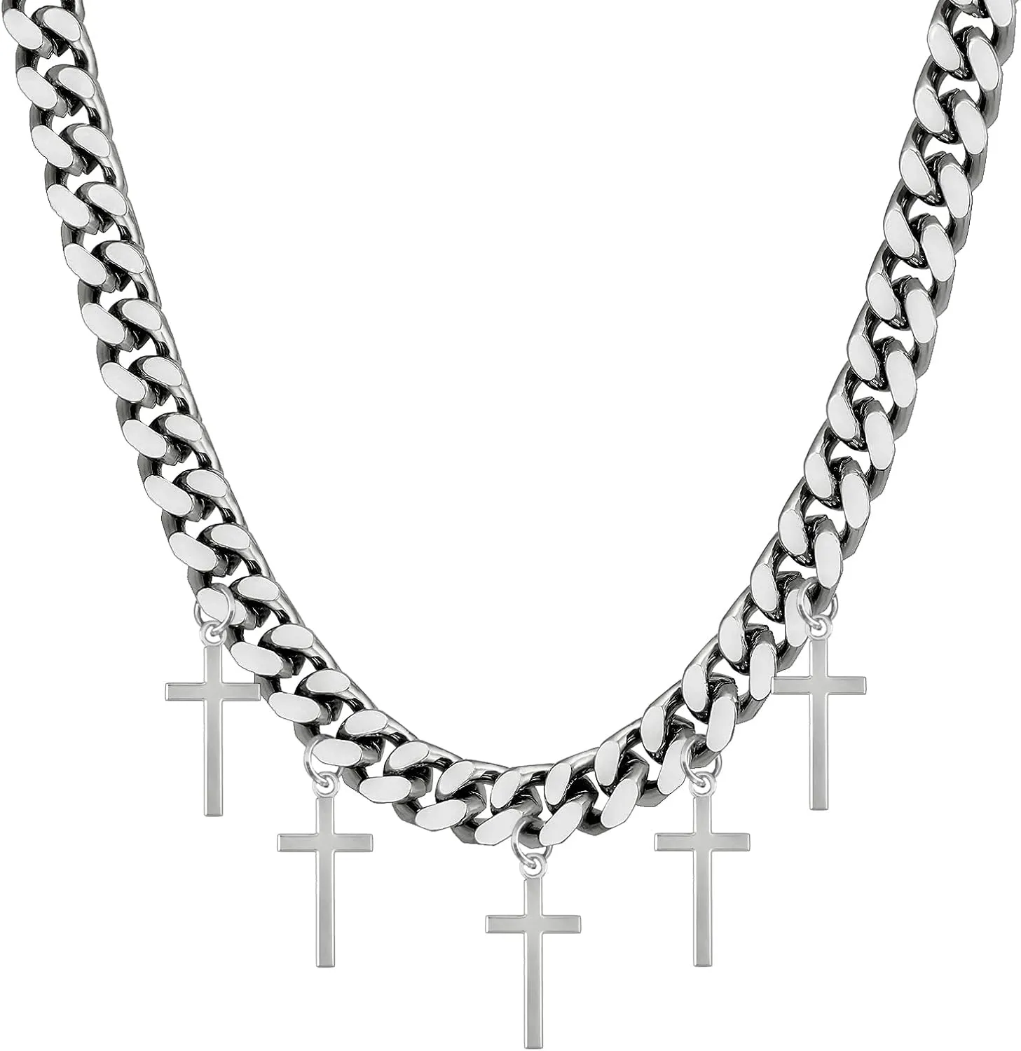 Cuban Link Chain for Men with Cross Pendant, 8mm Mens Necklace Chain with 5 Small Cross Pendants, Ideal Gift for Men