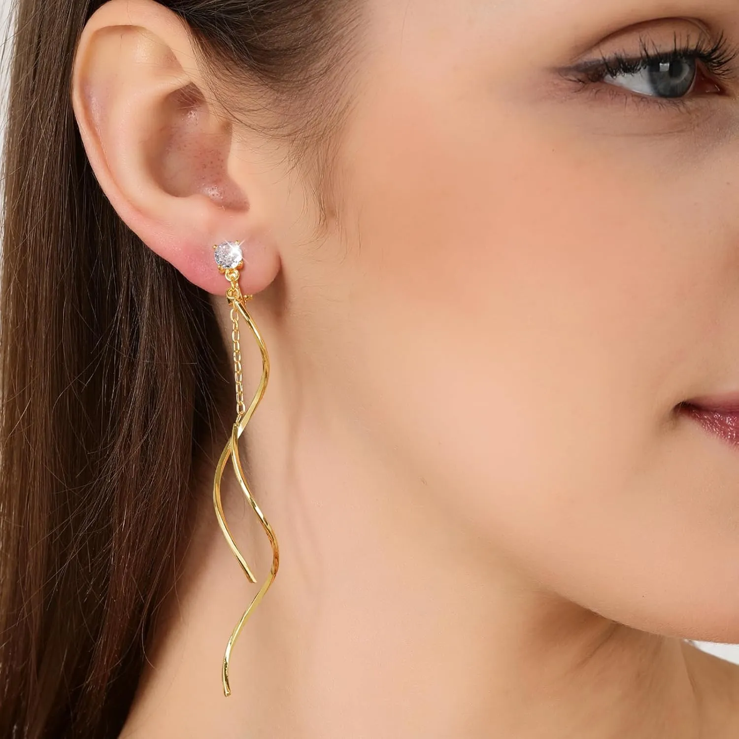Cubic Zirconia Clip on Earrings for Women 14K Gold Plated Long Dangle Earrings Simple No Piercing Stud Earrings Lightweight Curve Tassel Chain Ear Clips Jewelry Wedding for Women