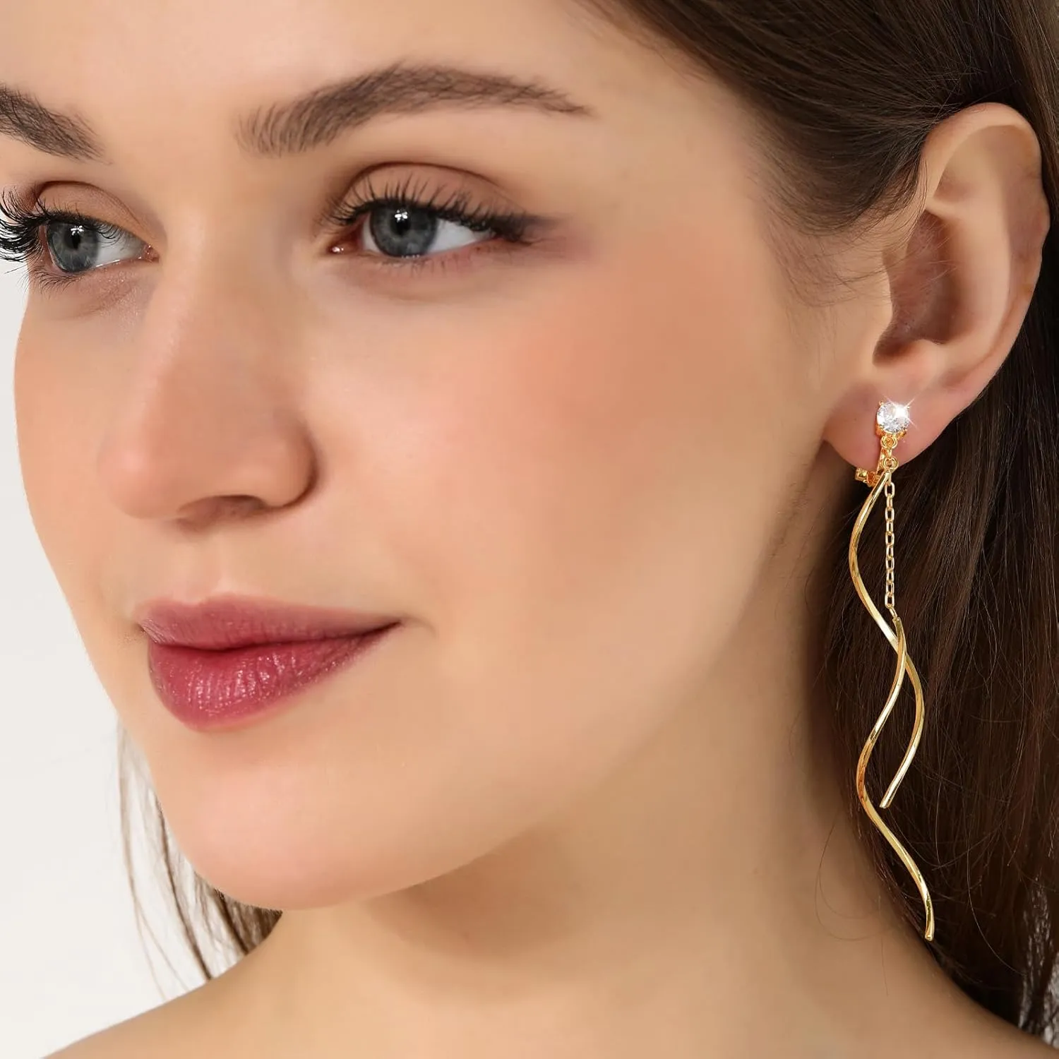 Cubic Zirconia Clip on Earrings for Women 14K Gold Plated Long Dangle Earrings Simple No Piercing Stud Earrings Lightweight Curve Tassel Chain Ear Clips Jewelry Wedding for Women