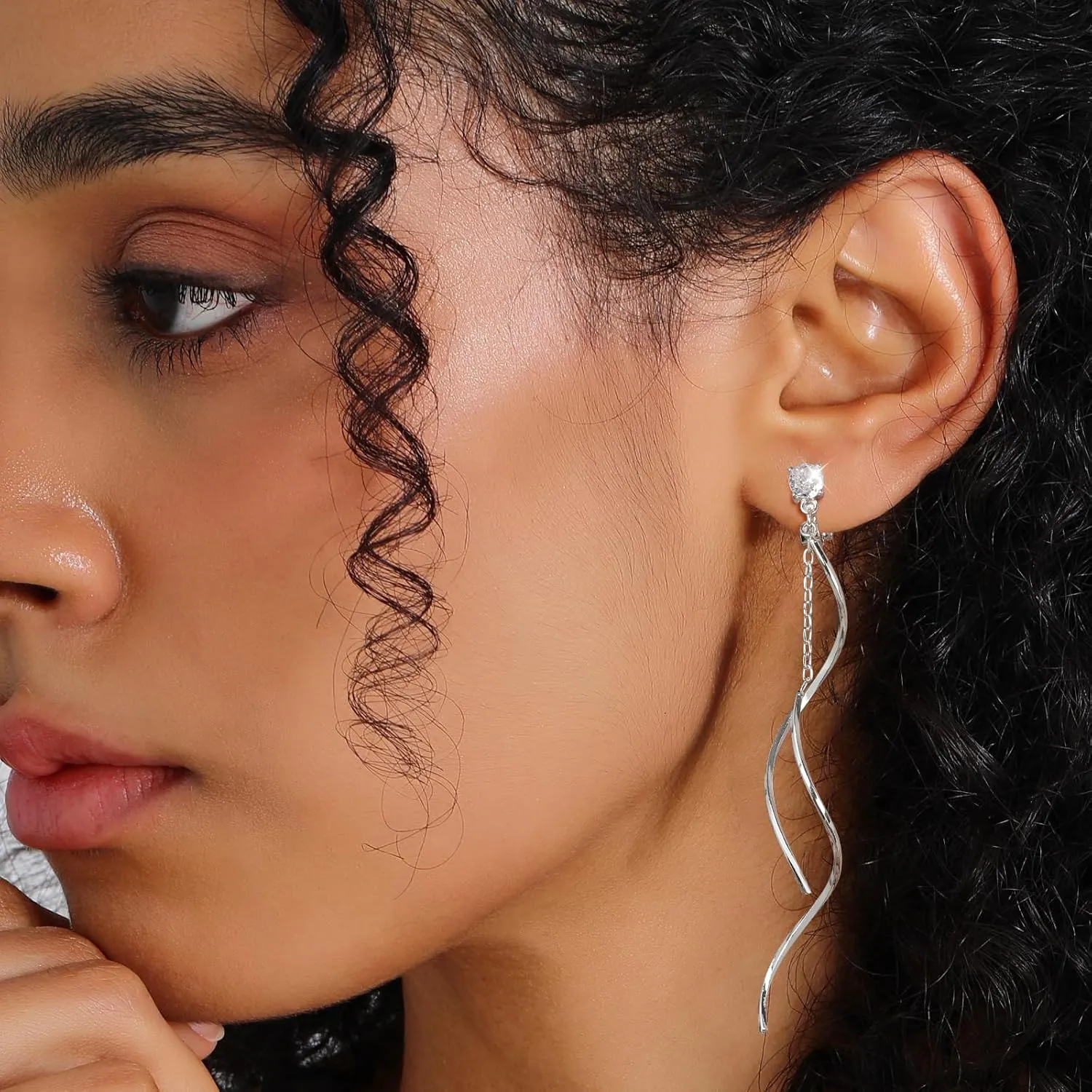 Cubic Zirconia Clip on Earrings for Women 14K Gold Plated Long Dangle Earrings Simple No Piercing Stud Earrings Lightweight Curve Tassel Chain Ear Clips Jewelry Wedding for Women