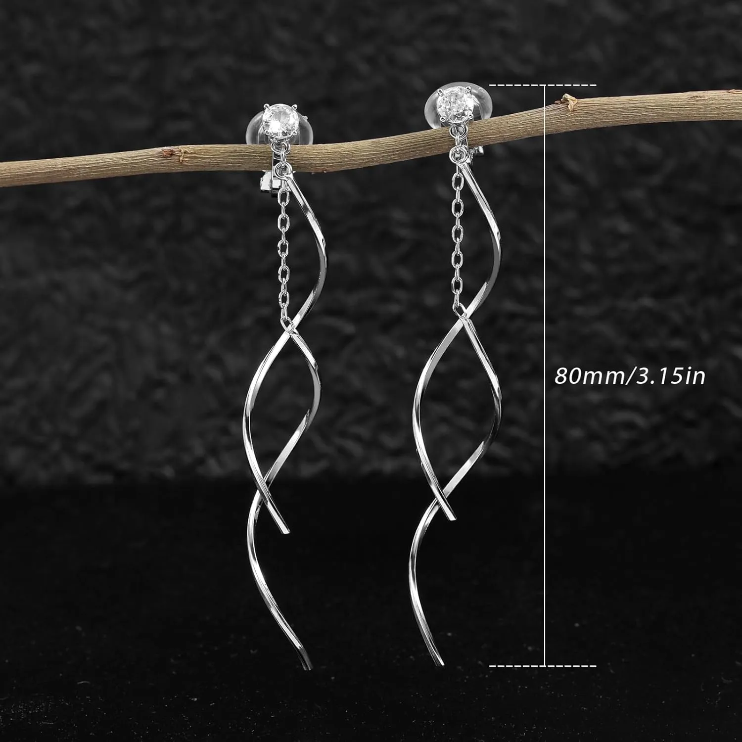 Cubic Zirconia Clip on Earrings for Women 14K Gold Plated Long Dangle Earrings Simple No Piercing Stud Earrings Lightweight Curve Tassel Chain Ear Clips Jewelry Wedding for Women
