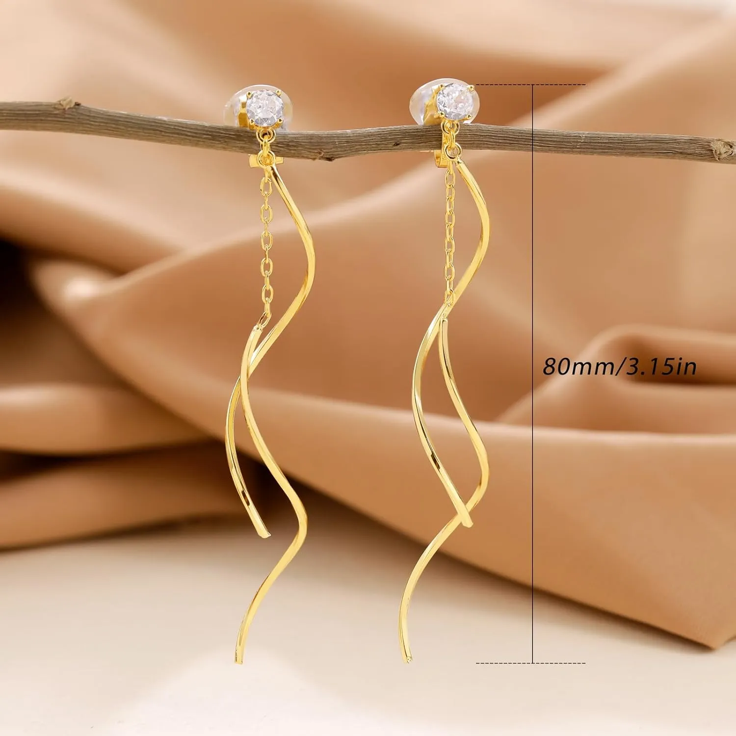 Cubic Zirconia Clip on Earrings for Women 14K Gold Plated Long Dangle Earrings Simple No Piercing Stud Earrings Lightweight Curve Tassel Chain Ear Clips Jewelry Wedding for Women