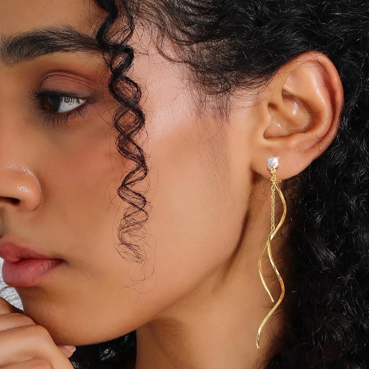 Cubic Zirconia Clip on Earrings for Women 14K Gold Plated Long Dangle Earrings Simple No Piercing Stud Earrings Lightweight Curve Tassel Chain Ear Clips Jewelry Wedding for Women