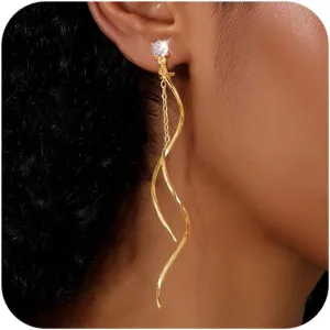 Cubic Zirconia Clip on Earrings for Women 14K Gold Plated Long Dangle Earrings Simple No Piercing Stud Earrings Lightweight Curve Tassel Chain Ear Clips Jewelry Wedding for Women