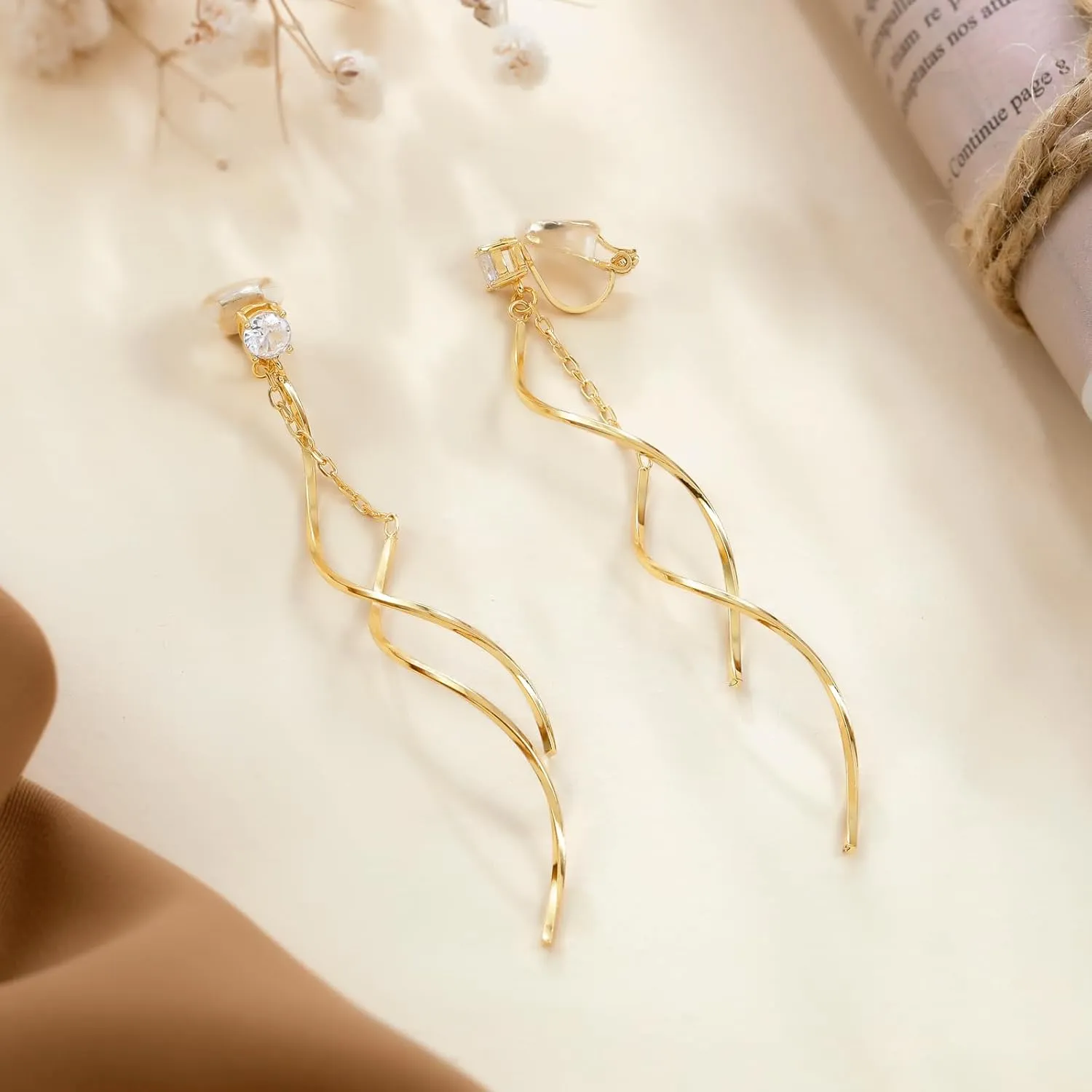Cubic Zirconia Clip on Earrings for Women 14K Gold Plated Long Dangle Earrings Simple No Piercing Stud Earrings Lightweight Curve Tassel Chain Ear Clips Jewelry Wedding for Women