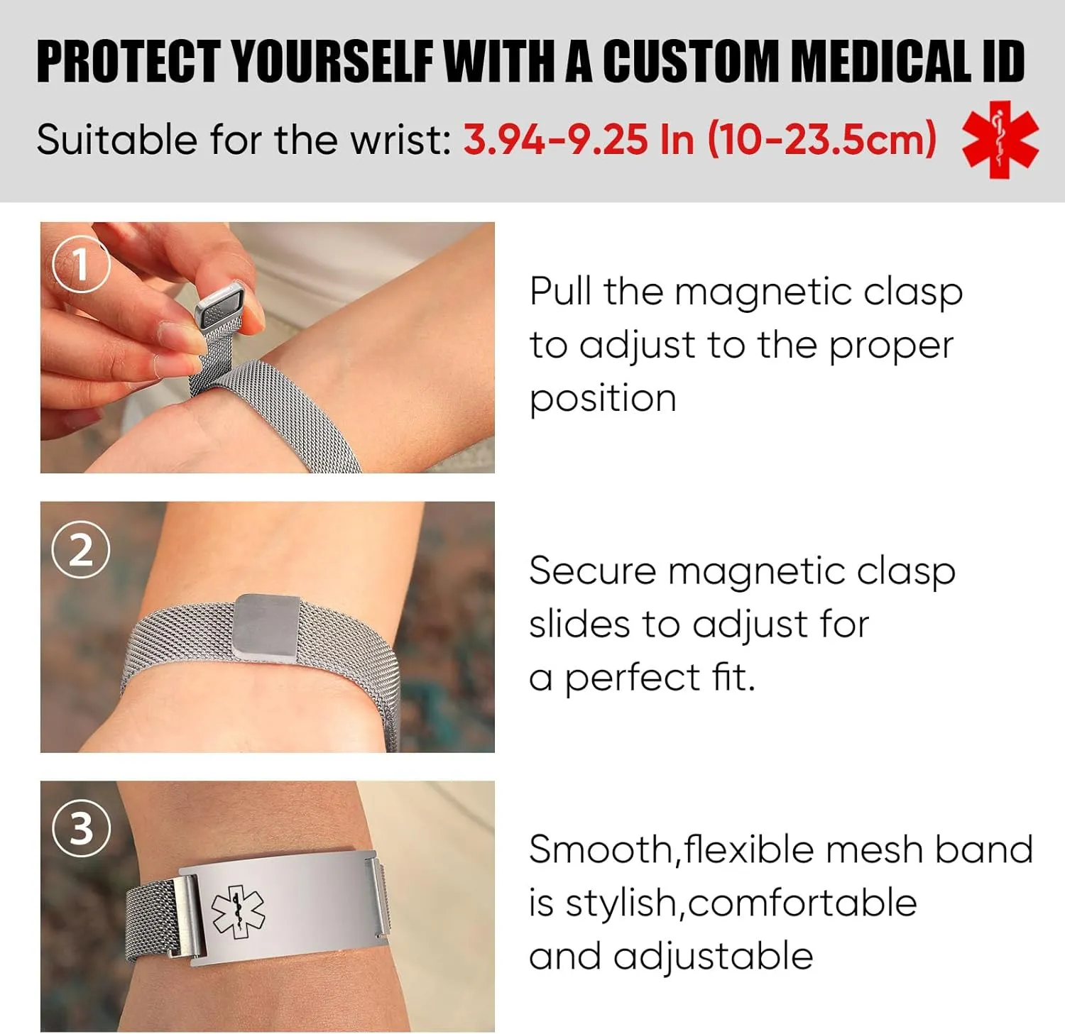 Custom Medical Bracelets for Women Men : Personalized Medical ID Emergency Bracelet Free Engraved Adjustable Stylish Stainless Steel Wristband Life Alert Gifts for Diabetics Asthma Blood Thinner