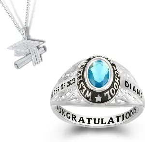 Customized Sterling Silver Women High School or College Class Ring  Filigree Collection - MEMENTOS JEWELRY (Sterling Silver Platinum)